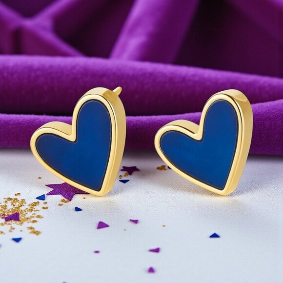 🆕 Royal Blue Enamel Heart Stud Earrings Gold Tone Statement Cute Gift for Girls - Picture 5 of 10
